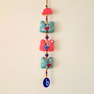 Children Wall Decorating 3 Colorful Fabric Cats & Blue Glass Devil eye Handmade